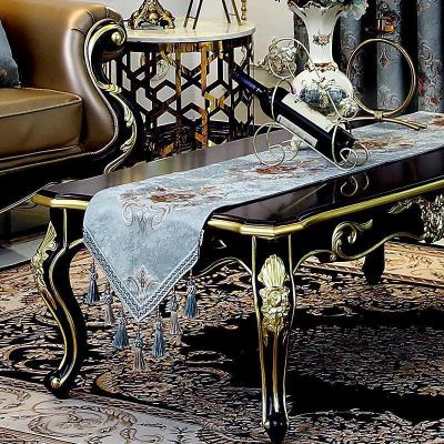家柏饰(CORATED)茶几桌旗餐桌装饰布长条欧式餐边柜餐桌五斗柜鞋柜流苏绣花舒曼尔蓝色32*180cm