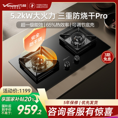 万和(Vanward)[小灶君B10 Pro·防干烧]天然气燃气灶5.2kW烟灶联动国家补贴20%嵌入式家用煤气双炉具