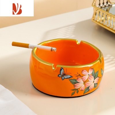 三维工匠美式纸巾盒摆件陶瓷客厅茶几简约现代抽纸盒家用创意烟灰缸套装 鼓形烟灰缸-橙色大号