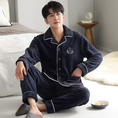 珊瑚绒睡衣男士秋冬款加厚加绒保暖开衫大码法兰绒冬季家居服套装_1