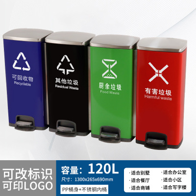 定制户外不锈钢分类脚踏垃圾桶收纳方形大容量带盖商用写字楼批发 120L 四色分类桶