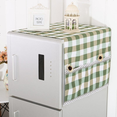 布莱梦布艺加厚冰箱巾棉布韩式冰箱罩对双开冰箱盖布单开冰箱防尘罩绿格子小双开60*150cm