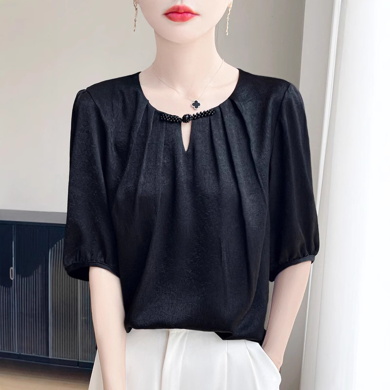 新中式拼接缎面衬衫短袖女2026夏季新款国风盘扣百搭宽松短袖