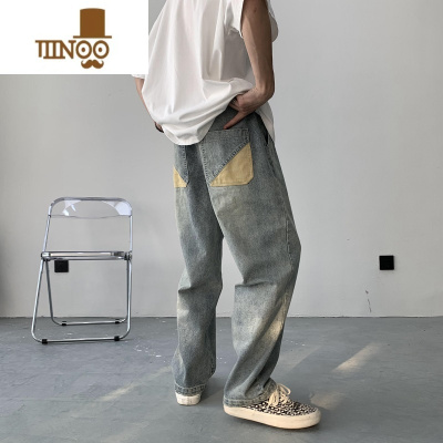 YANXU美式复古牛仔裤男秋季潮流百搭ins裤子宽松潮牌痞帅阔腿直筒长裤