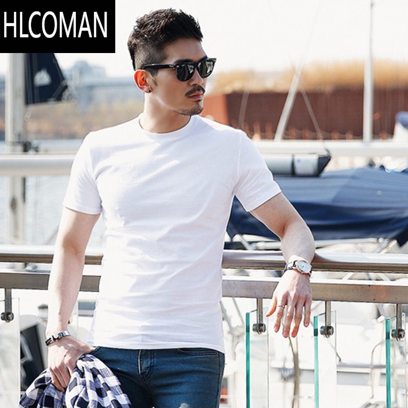 HLCOMAN白色T恤男士短袖修身潮牌圆领夏季半袖上衣紧身纯色打底衫潮