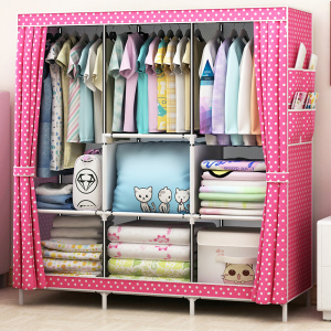 家时光 金属简易布衣柜加固加厚简易不锈钢衣柜橱钢架无纺布双人衣橱 粉色圆点