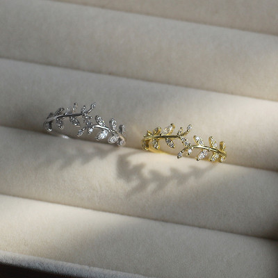 精致小清新S925纯银镶锆石叶子开口戒指指环女树叶金色银饰品女潮送女朋友老婆情人节七夕生日礼物