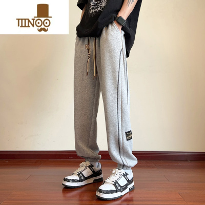 YANXU休闲长裤男款美式条纹直筒九分卫裤男生潮流宽松束脚运动裤子