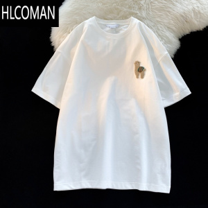 HLCOMAN卡通刺绣圆领t恤男夏季新款日系宽松短袖潮流中性风情侣休闲半袖