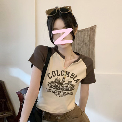 辣妹V领短袖T恤女夏新款美式复古设计感打底衫女短款学生上衣女装