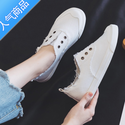 SUNTEK2022春夏女新款透气一脚蹬懒人鞋女帆布鞋百搭韩版平底轻便布鞋子