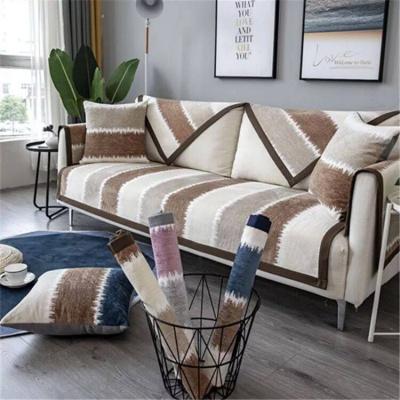 家柏饰(CORATED)沙发垫 四季通用防滑沙发巾盖布北欧简约加厚 沙发套全包套罩 雪尼尔灰咖条纹 90*90cm