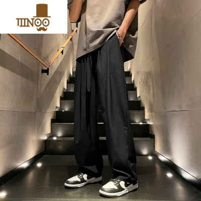YANXU冰丝裤子男夏季薄款宽松黑色直筒阔腿长裤潮牌垂感痞帅运动休闲裤