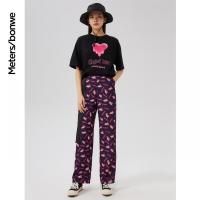 [1件3折价:49.5]美特斯邦威休闲裤女夏季新款时尚印花宽松直筒休闲运动长裤女