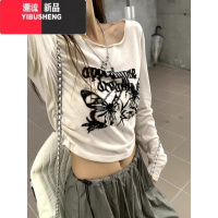 YIBUSHENG美式复古蝴蝶字母印花长袖T恤女季辣妹潮牌设计感做旧短款上衣