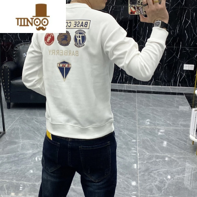 YANXU2023新款卫衣男潮ins修身百搭圆领套头男长袖t恤打底衫加绒