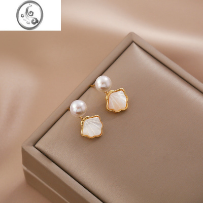JiMi一贝子珍珠耳钉女小众母贝耳环新款潮S925银针高级感气质耳饰