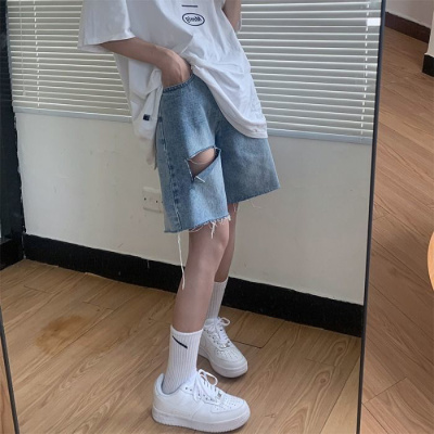 牛仔五分裤女夏季新款ins高腰显瘦破洞直筒中裤网红宽松阔腿短裤聿垣格