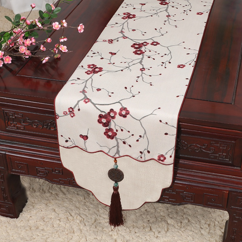 美帮汇新中式古典玉桌旗茶几长条布艺中国风桌布床柜旗电视柜盖布 万福梅花红白 34*200适合桌长140-150CM