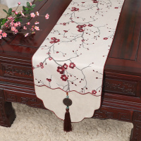 美帮汇新中式古典玉桌旗茶几长条布艺中国风桌布床柜旗电视柜盖布 万福梅花红白 34*200适合桌长140-150CM