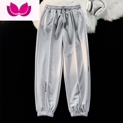 七斓美式高街华夫格字母刺绣运动卫裤男士宽松显瘦阔腿小脚九分休闲裤