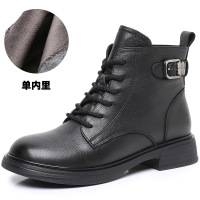 短靴女头层牛皮圆头系带高帮靴25秋冬复古百搭软底马丁靴单靴棉靴