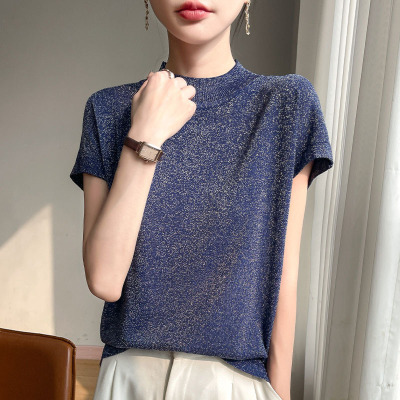 夏季新款针织短袖T恤女圆领宽松设计感小众洋气打底上衣