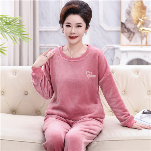 中老年妈妈珊瑚绒睡衣女冬季加厚加绒法兰绒套头秋冬款家居服套装
