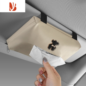 三维工匠汽车遮阳板纸巾盒抽纸盒便携挂式可爱小熊车载餐巾包纸巾包通用女 米色[黑熊]