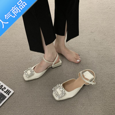 SUNTEK银色水钻高跟包头凉鞋仙女鞋子2023年新款春夏季方头晚晚配裙单鞋