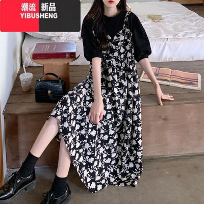 YIBUSHENG2024学生温柔风假两件背带连衣裙新款胖mm宽松藏肉碎花长裙子女