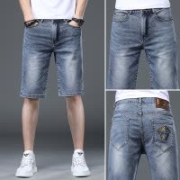 欧洲站刺绣蓝色潮牌男士夏季薄款牛仔短裤修身五分裤轻奢印花中裤