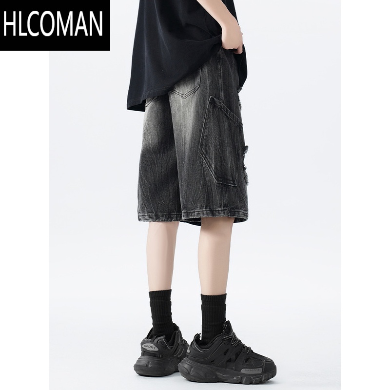 HLCOMAN水洗做旧破洞牛仔短裤男款夏季潮牌美式高街大码休闲男生五分裤子