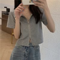 短款T恤翻领Polo衫双拉链开衫修身高腰露脐短袖设计感上衣夏季潮