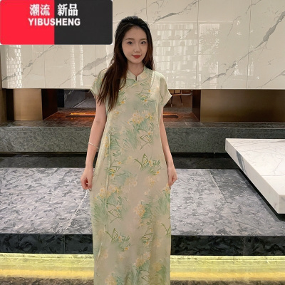 YIBUSHENG2024新款棉绸连衣裙女收腰薄款甜美碎花V领大摆人造棉度假长裙