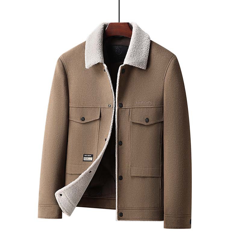 羊羔毛领鹅绒内胆双面呢羊毛茄克青年男士潮流秋冬新款羊毛厚外套