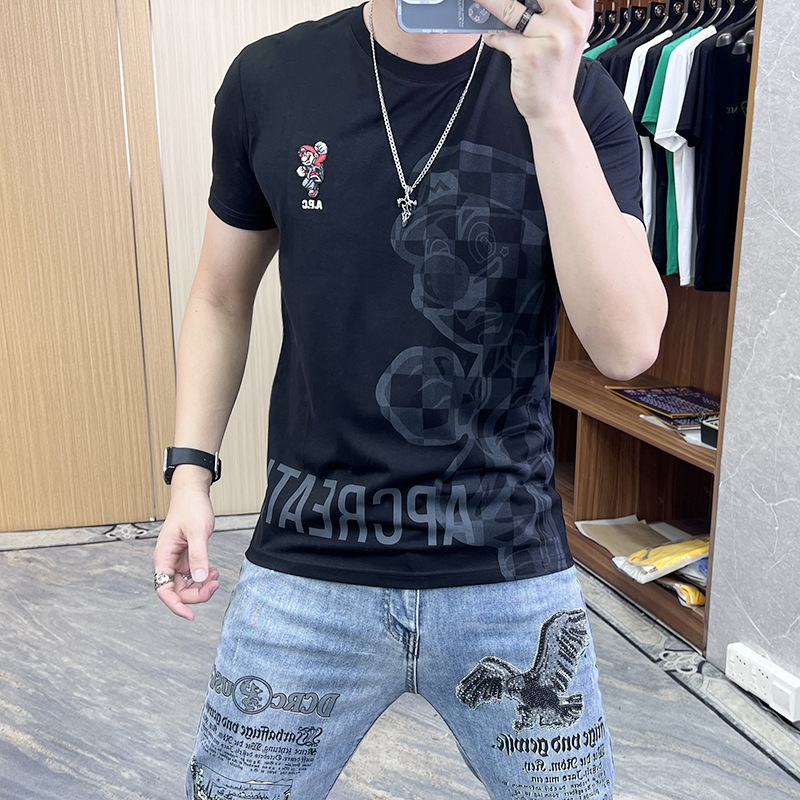 欧洲站夏季短袖T恤男士上衣卡通印花刺绣时尚半袖衫丝光棉体恤潮i