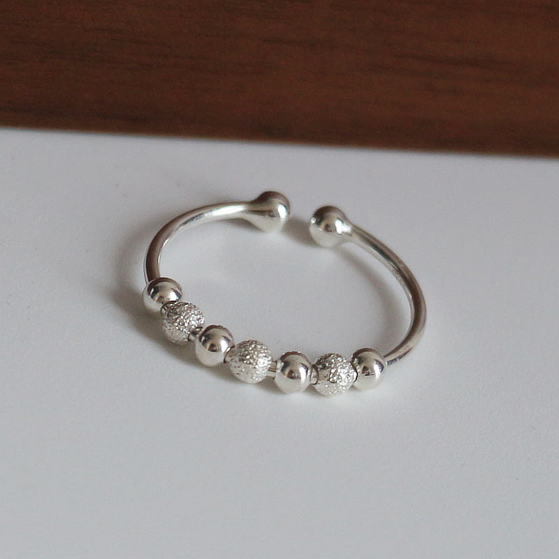 S925纯银磨砂珠子转动开口戒指串珠圆珠指环简约个性韩版银饰女送女朋友老婆情人节七夕生日礼物