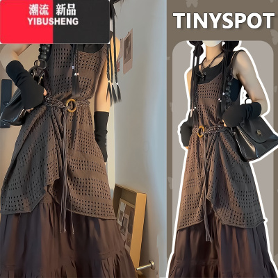 YIBUSHENG新中式看镂空罩衫小众设计吊带连衣裙今年流行漂亮套装长裙