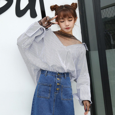 春装女装韩版宽松V领网纱拼接假两件衬衣百搭长袖休闲衬衫上衣潮