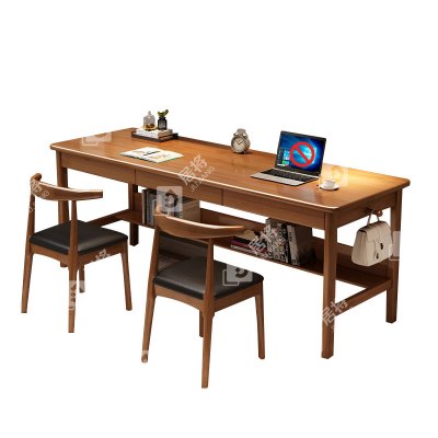 居将 JJ4022925 胡桃色实木双人书桌简约电脑桌学习桌1.6米办公桌长条桌含两把牛角椅