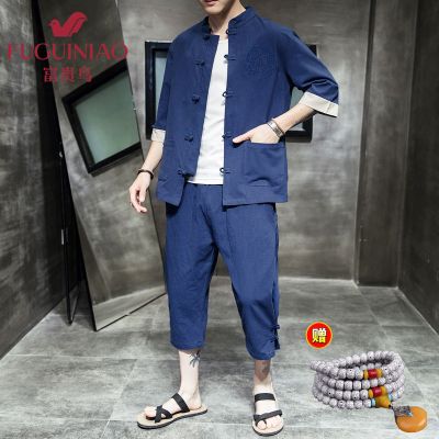富贵鸟2021新款夏季中国风套装男士国风唐装盘扣七分袖禅服居士服复古装古风中式汉服