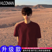 HLCOMAN酒红色正肩短袖t恤男夏季美式复古新疆棉上衣220g五分袖