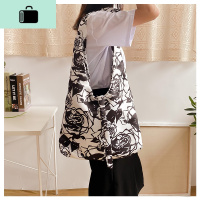 小众设计包包女包玫瑰印花斜跨包女帆布包单肩包NEW LAKE 黑玫瑰系绳购物袋女士单肩包