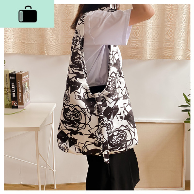 小众设计包包女包玫瑰印花斜跨包女帆布包单肩包NEW LAKE 黑玫瑰系绳购物袋女士单肩包