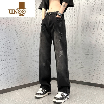 YANXU黑色做旧牛仔裤男款夏季潮牌宽松百搭直筒裤vibe高街破洞阔腿裤子