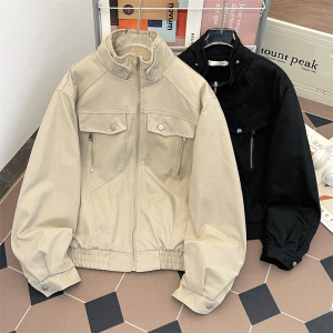 冬季新款立领棉衣男士PU皮夹克外套宽松加绒加厚男女同款百搭外套