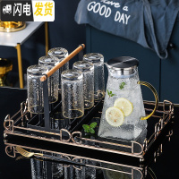 三维工匠轻奢水杯套装一套杯具杯子家用客厅玻璃水具北欧式茶壶 1大壶+6金边直杯+1杯架+1轻奢大托盘+配送6勺子[305