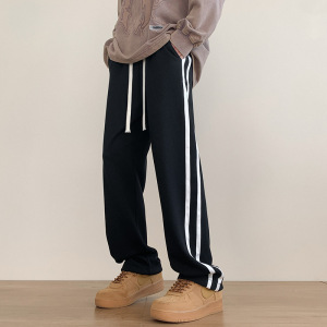条纹拼接简约长裤秋季宽松百搭抽绳两穿休闲运动针织卫裤