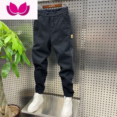 七斓男士新款拼接九分条纹束脚牛仔裤韩版修身小脚长裤哈伦休闲裤